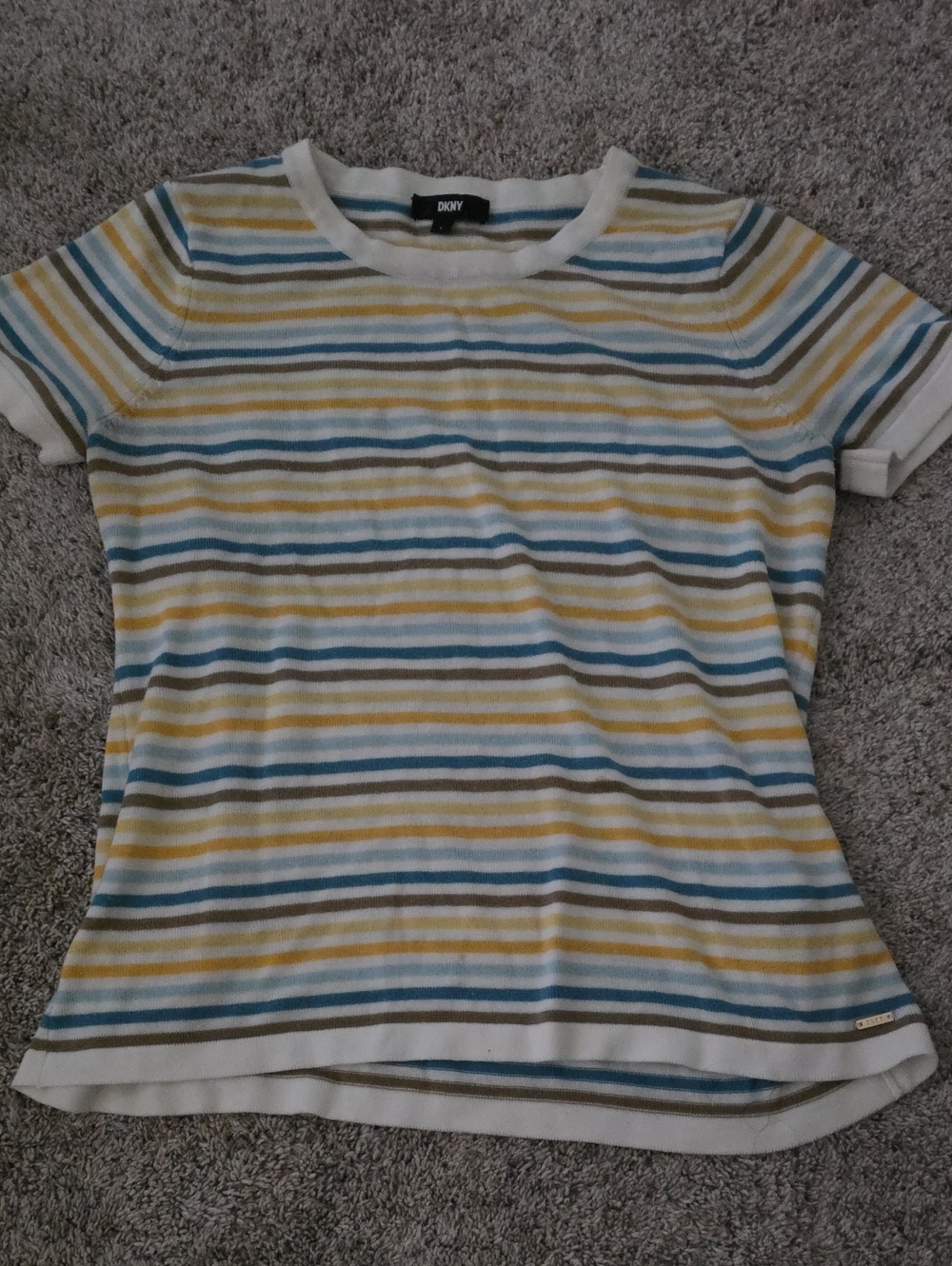 DKNY Short Sleeve Striped Knit Top in Blue, Yellow, White, Gray